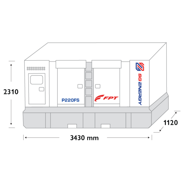 SG Energy P220FS diesel generator rental spec diagram with dimensions